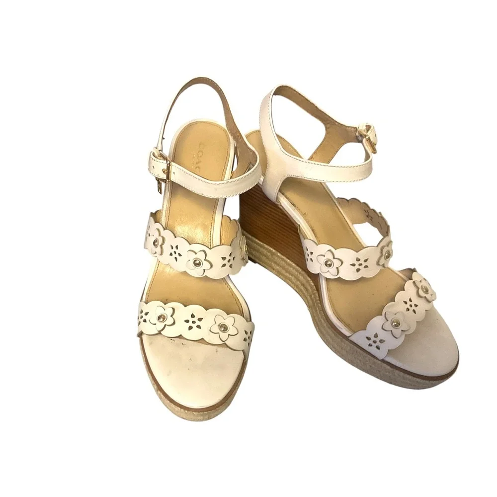 Coach Womens Chalk Leather Scalloped Floral Espadrille Wedge Sandals Size 9 B